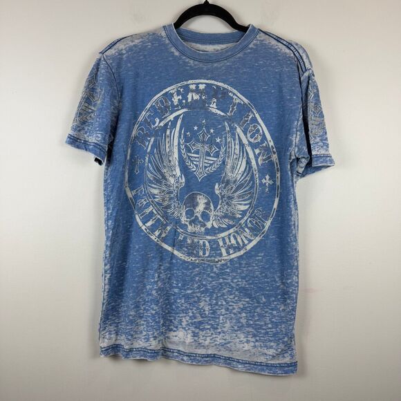 Raw State Redemption Faith & Honor Shirt Men S Blue Wings Skull Short Sleeve Vtg - Picture 1 of 6
